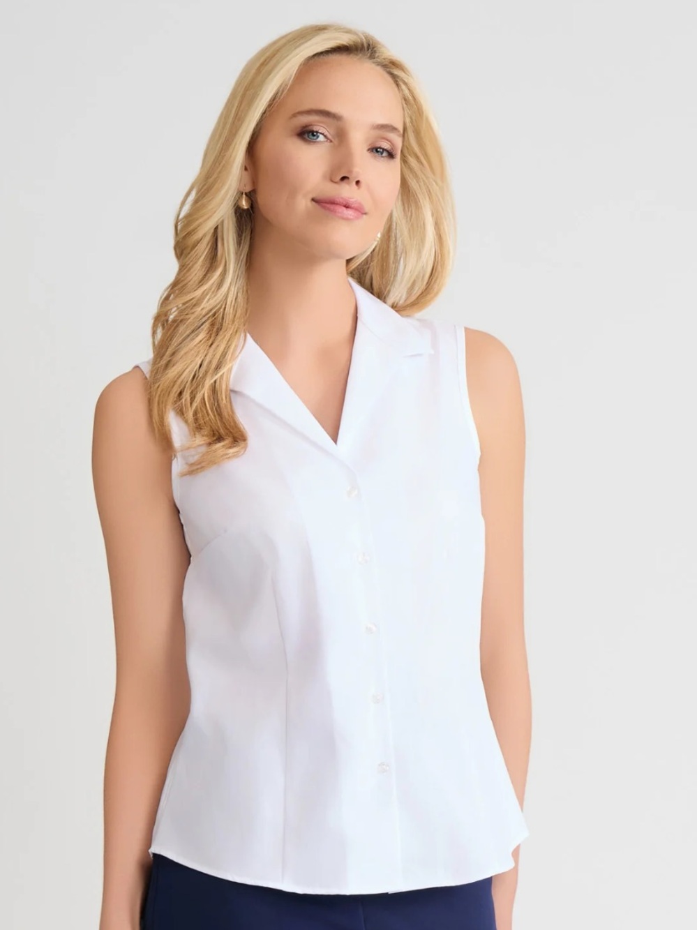 Easy Care Sleeveless White Button-Front Blouse - Classic 100% cotton minimalist